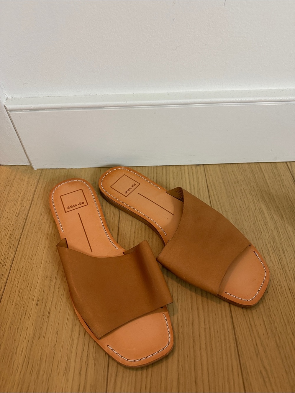 Dolce Vita Cognac Brown Leather Slide Sandals